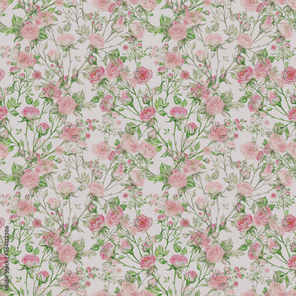 Seamless pattern of bouquets of roses drawn by pencil and paints on paper Seamless pattern of bouquets of roses drawn by pencil and paints on paper