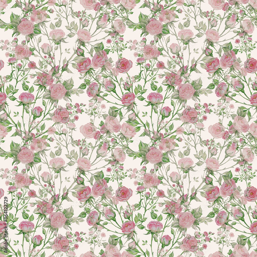 Seamless pattern of bouquets of roses drawn by pencil and paints on paper Seamless pattern of bouquets of roses drawn by pencil and paints on paper