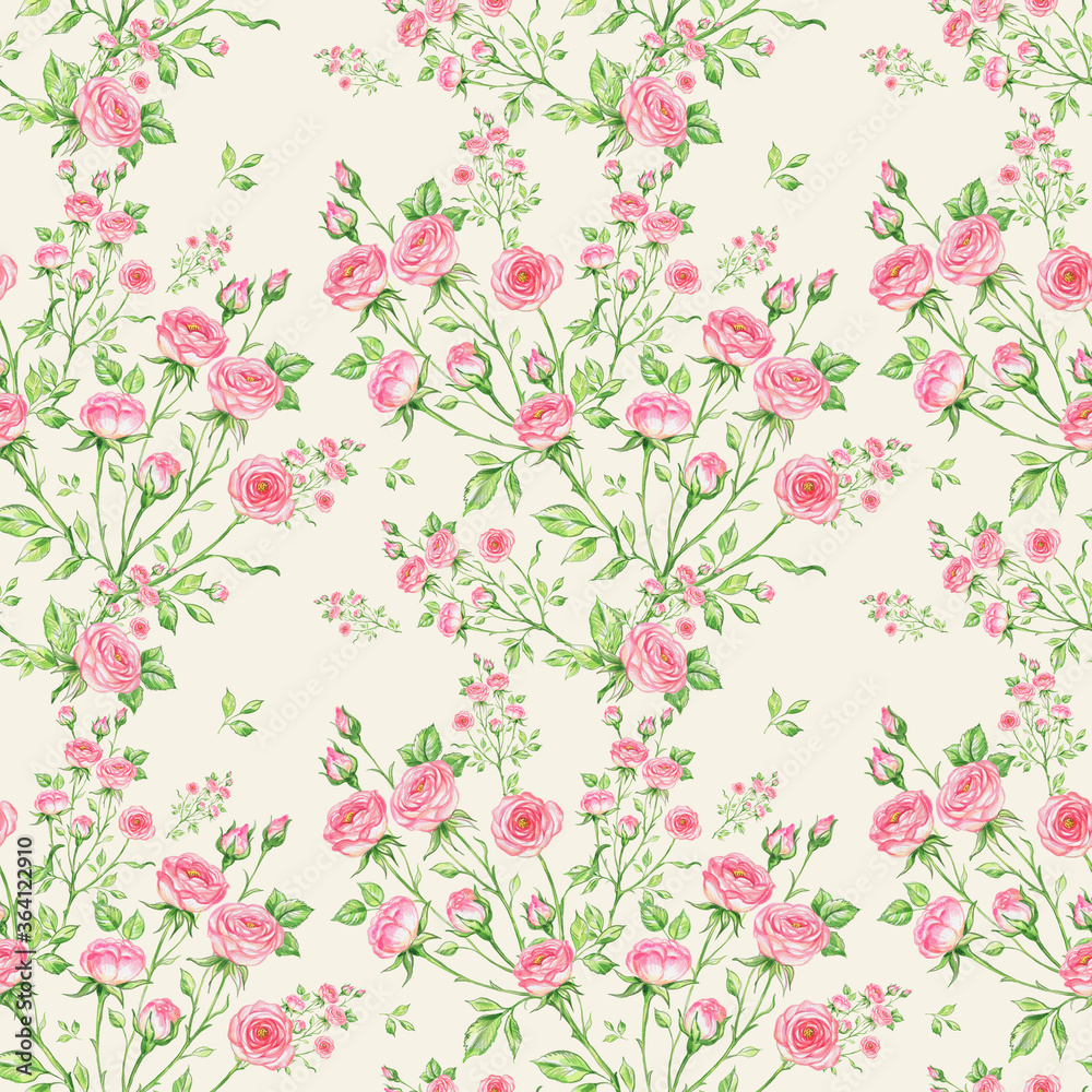 Seamless pattern of bouquets of roses drawn by pencil and paints on paper Seamless pattern of bouquets of roses drawn by pencil and paints on paper