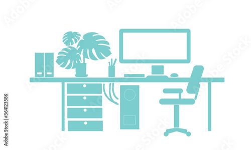 Computer Desk, workplace for office or freelancing, work at home. Simple vector silhouette.