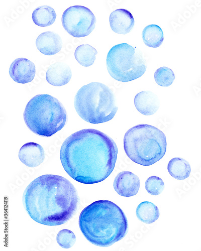 Hand darwn watercolor round shape circles in blue colors