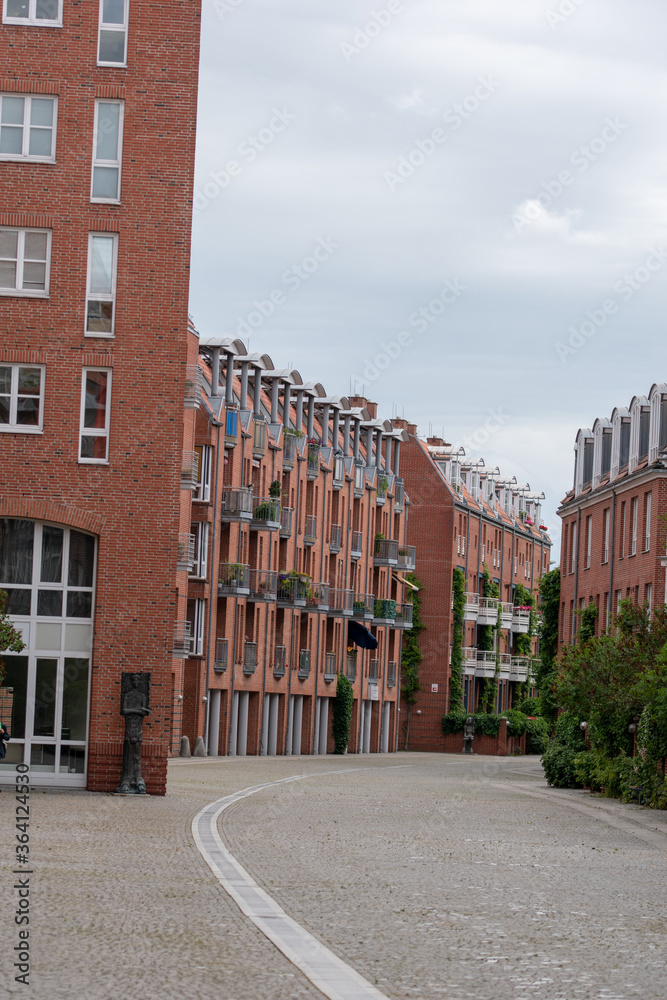 Street block with red houses in the city of Bremen