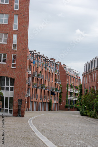 Street block with red houses in the city of Bremen