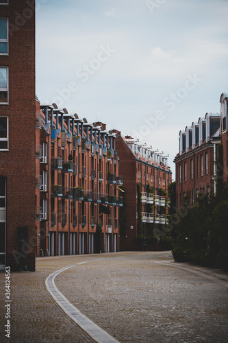 Street block with red houses in the city of Bremen