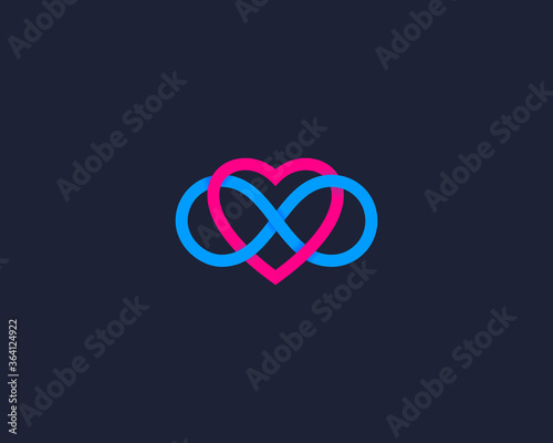 Two hearts and endless loop symbol logo. Infinity love logotype. Valentine and relationship vector sign icon.