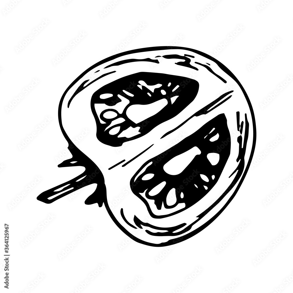 Hand drawn vector tomato on summer grill, BBQ party. Vector illustration for culinary book, restaurant menu, cafe, food design, shop windows. Isolated on white Hand drawn vector tomato on summer grill, BBQ party. Vector illustration for culinary book, restaurant menu, cafe, food design, shop windows. Isolated on white