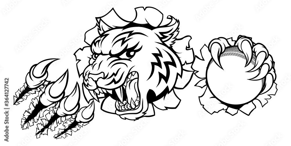 A tiger cricket player cartoon animal sports mascot holding a ball in its claw A tiger cricket player cartoon animal sports mascot holding a ball in its claw