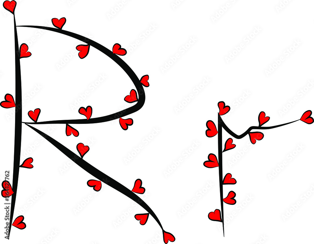 Festive romantic font. Black branches and bright red hearts. Valentine's day. Design of greeting cards and invitations. Latin English letters. Uppercase and lowercase letter R. Concise design