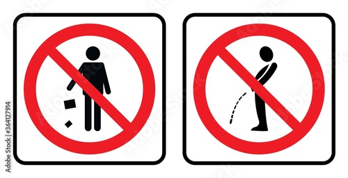Don`t throw garbage icon and No pee outside Icon. No garbage sign and No pee outside Icon drawing by illustration