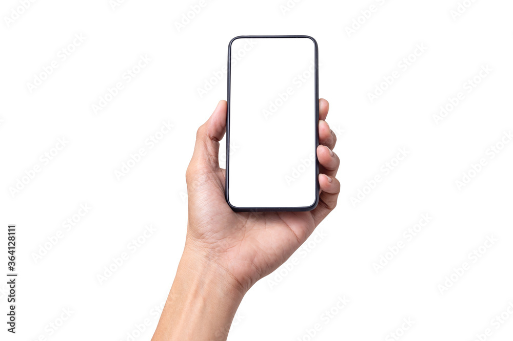 Hand man holding mobile smartphone with blank screen isolated on white background with clipping path