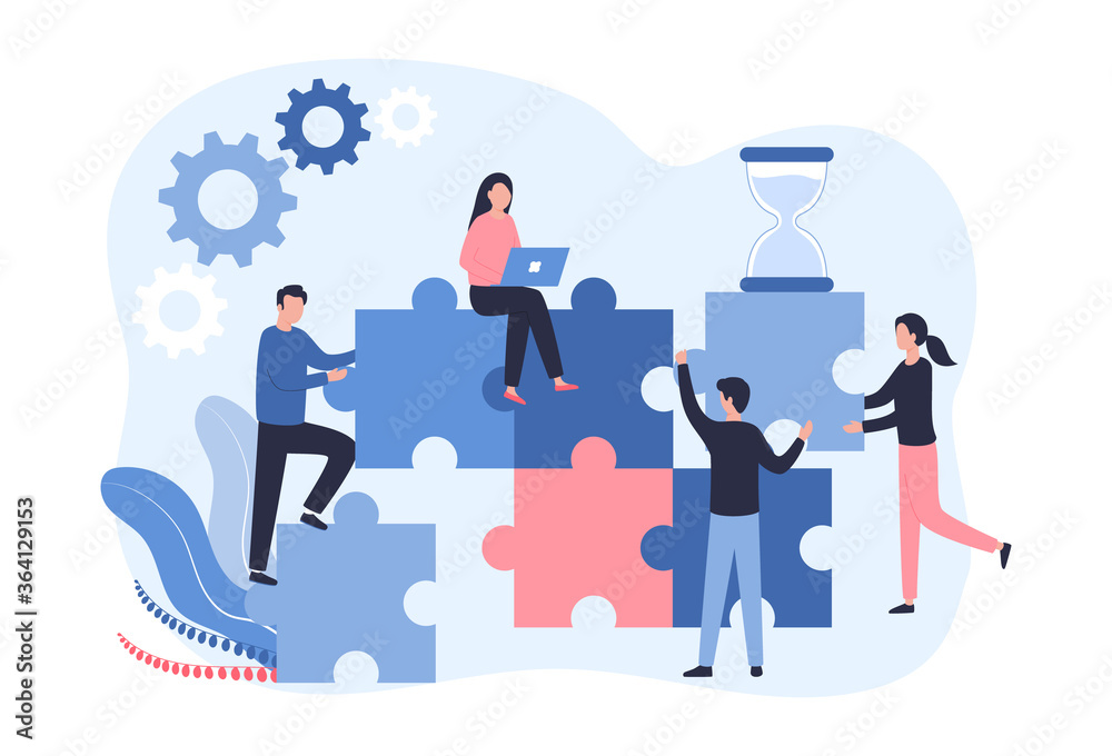 Concept work in a team of young professionals, developers, marketers. Men and women assemble puzzles while working together. Programmers, support service. Flat vector illustration on white background - obrazy, fototapety, plakaty 