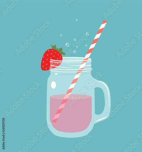 Lemonade jar with red strawberry illustration. Cute vector drawing of fresh summer drink with a straw