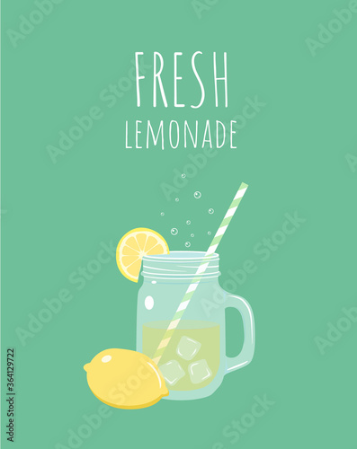 Lemonade in jar with lemon and lemon slice illustration. Fresh cold summer drink. - Vector