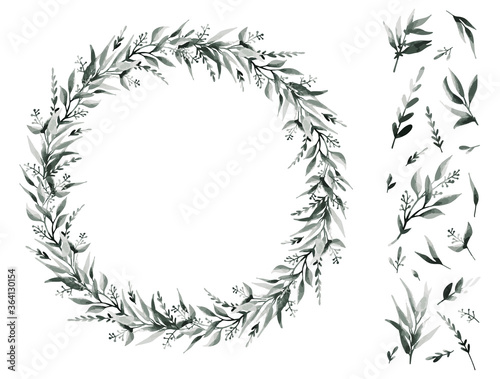 Botanical wreath. Flowers, leaves and branches in round frame. Vintage design for logo, wedding invitations, postcards, stickers and textile. White isolated background. Paper texture. Set watercolor.