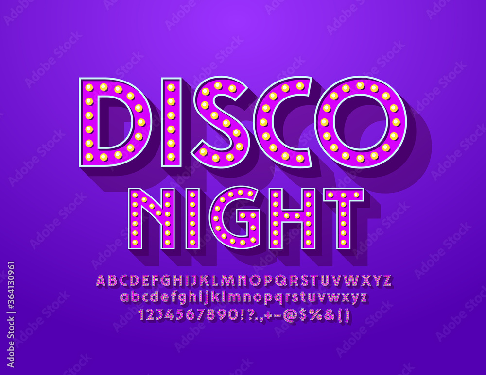 Vector vintage poster Disco Night with Violet Light Bulb Font. Elegant Lamp Alphabet Letters and Numbers