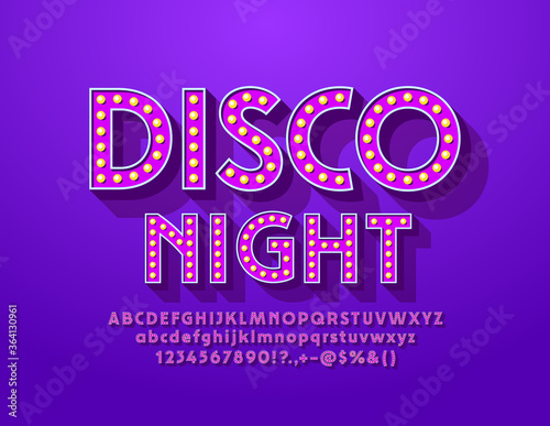 Vector vintage poster Disco Night with Violet Light Bulb Font. Elegant Lamp Alphabet Letters and Numbers