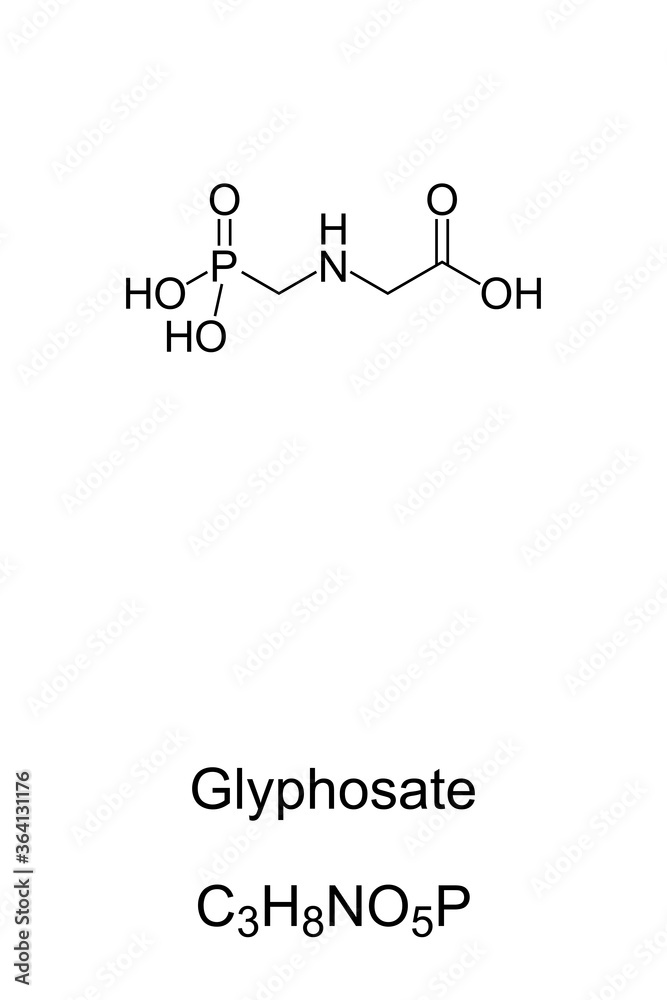 Glyphosate, chemical structure and formula. A broadspectrum systemic