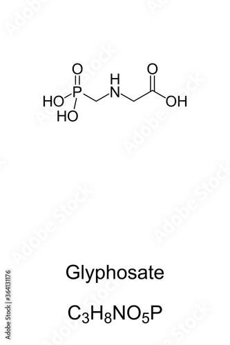 Glyphosate, chemical structure and formula. A broad-spectrum systemic herbicide and crop desiccant, used to kill annual broadleaf weeds and grasses that compete with crops. Illustration. Vector. photo