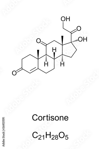 Cortisone, chemical structure and formula. A steroid hormone and synthetic corticosteroid. Suppresses the immune system,  thus reducing inflammation and attendant pain. Illustration over white. Vector