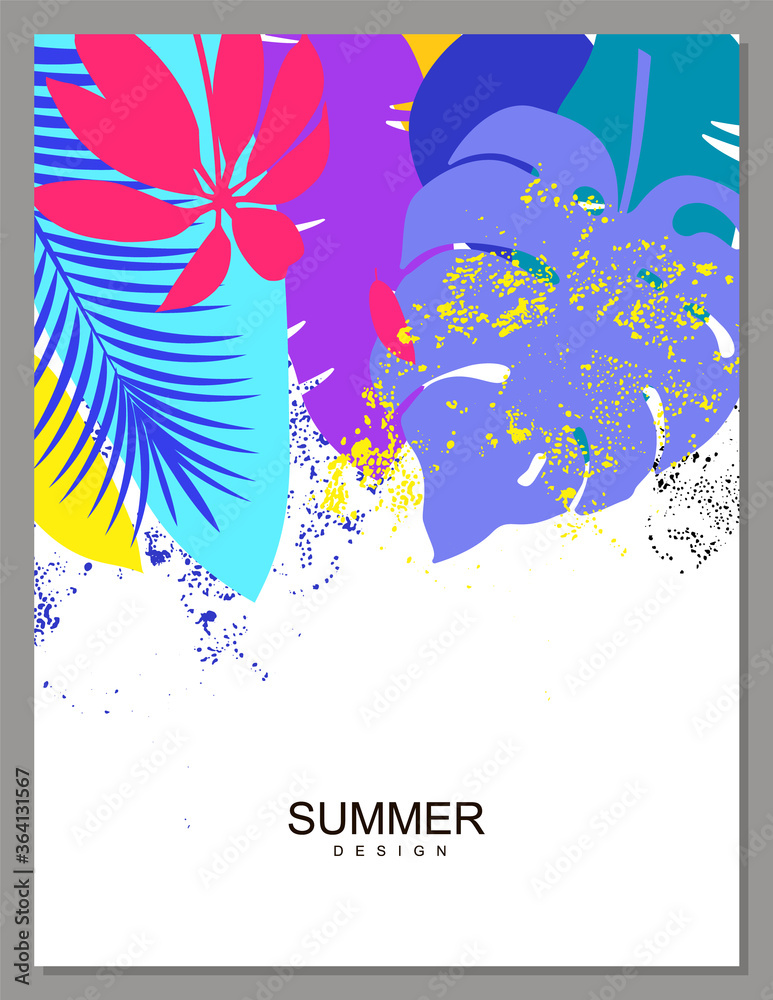 Tropical background. Summer time. Summer sale banner template. Colorful banners with tropical pattern of palm leaves. Summer promotion vertical coupon. Applicable for discount flyer, roll up, poster. 