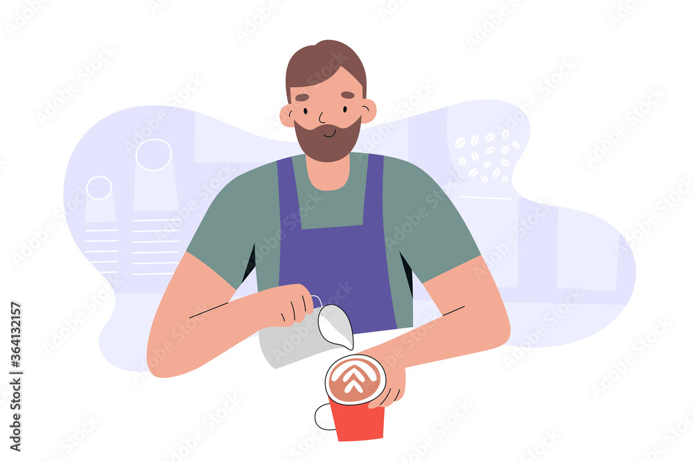 Barista character working in coffee shop or cafe, young man wearing apron and pouring whipped milk foam in a coffee mug, preparing cappuccino, flat vector cartoon illustration