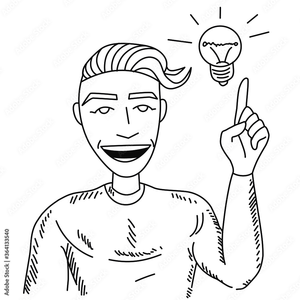 Cheerful inventor. Excited guy with a raised finger. A man with an idea on a white background. Vector character in linear sketch style. For illustrations of articles and scientific journals. Cheerful inventor. Excited guy with a raised finger. A man with an idea on a white background. Vector character in linear sketch style. For illustrations of articles and scientific journals.
