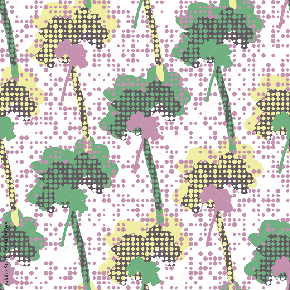 Fototapeta premium Summer birch tree silhouettes. Abstract decorative seamless vector pattern on irregular polka dot background. Great for nursery wallpapers, interior decoration and textile prints. 