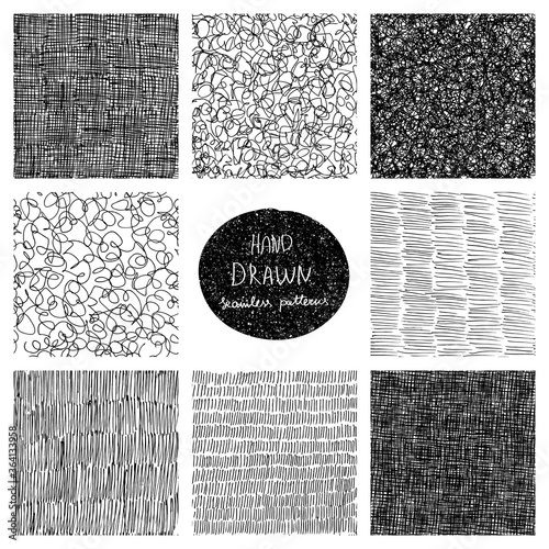 Hand drawn seamless patterns set. Grunge vector texture. 
