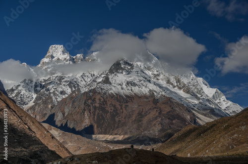 Larkya peak  6249 m  as seen from Manaslu Circuit trail to Larkya Phedi camp from Samdo village  Manaslu Himal range  Gorkha district  Nepal Himalayas  Nepal. 