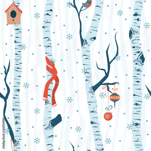 Birch tree seamless pattern. Vector flat design. Winter childish cartoon forest.