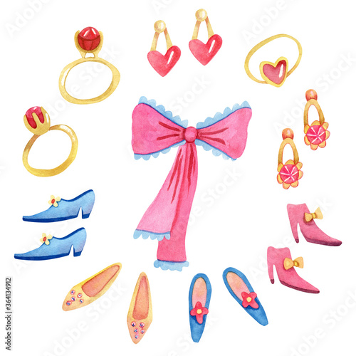 Wallpaper Mural Watercolor set with women accessories. Heels and flat shoes, ankle boots. Rings and earrings decorated with gems, rubies. Big pink bow ribbon. Fashion and beauty theme. Torontodigital.ca