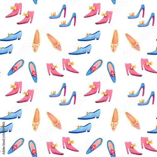 Watercolor seamless pattern with woman retro style shoes on white background. Great for fabrics, wrapping paper, covers and kids design.