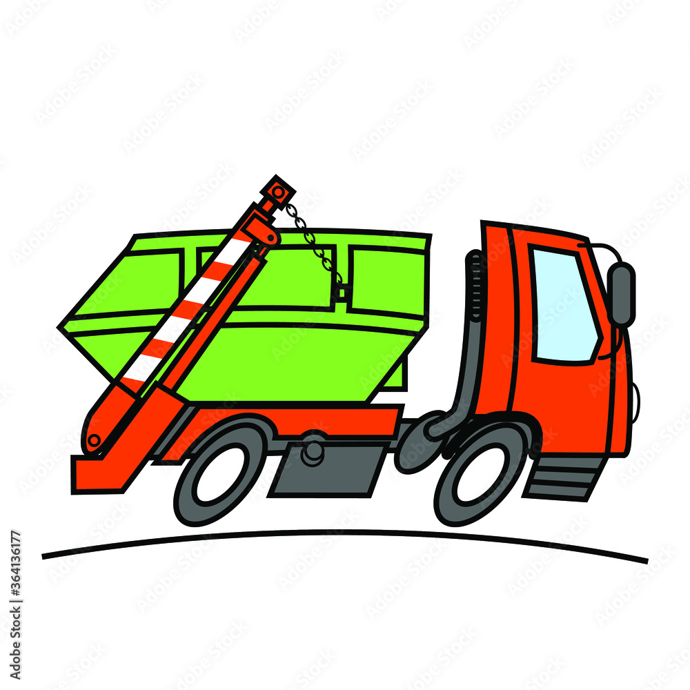 Construction waste removal. Rent and sale of trash containers. Rent and sale of garbage bins. Vector scalable color drawing.