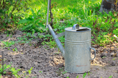 Old classic galvanized steel garden watering can on lawn close-up