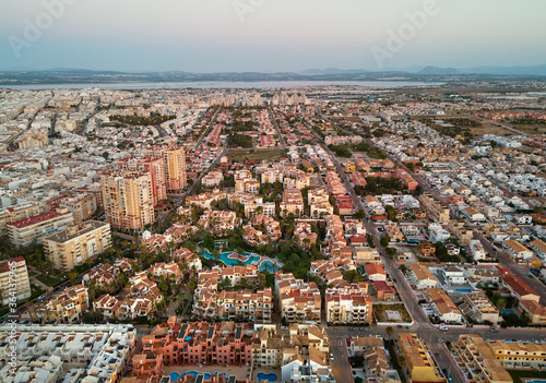 Aerial view Torrevieja cityscape at sunset. Costa Blanca. Spain