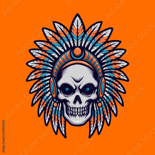 Indian Head Skull with a Smile, horn, bandana and Fur on the Orange Background. Hand-drawn illustration for mascot sport logo poster t-shirt printing. Vector Logo