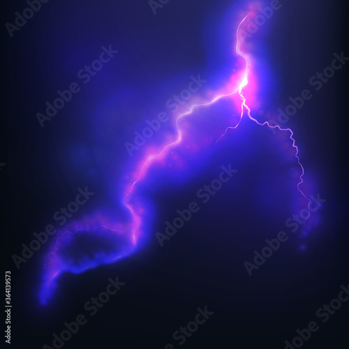 Lightning of blue on black background. Power of nature. Bright curved line on a black background.Glowing effect. Thunder bolt design.