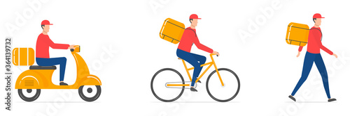 Online delivery service set. Scooter, bicycle courier and delivery man in red uniform. Delivery home and office collection. Fast and free delivery service. Vector illustration isolated on white. © Віталій Баріда