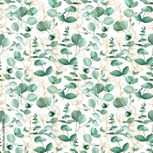 Seamless watercolor pattern with eucalyptus leaves and golden shining elements on a white background. Background for wedding, invitation, wallpaper, textile, wrapping paper.