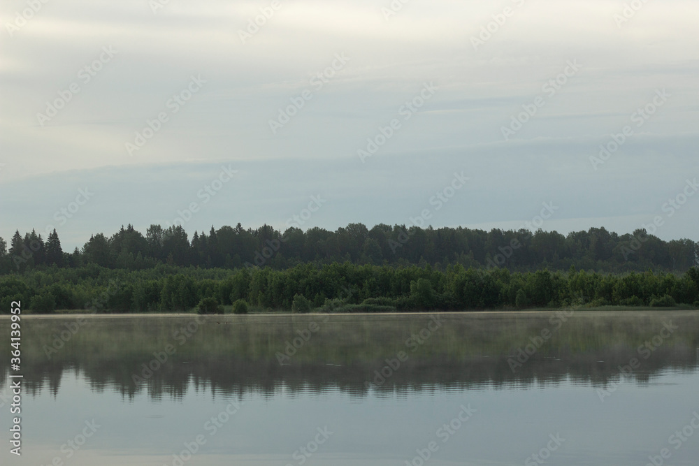 The lake is surrounded by forest. An immense morning lake.