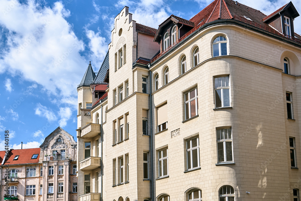 A street with historic, Art Nouveau tenement houses