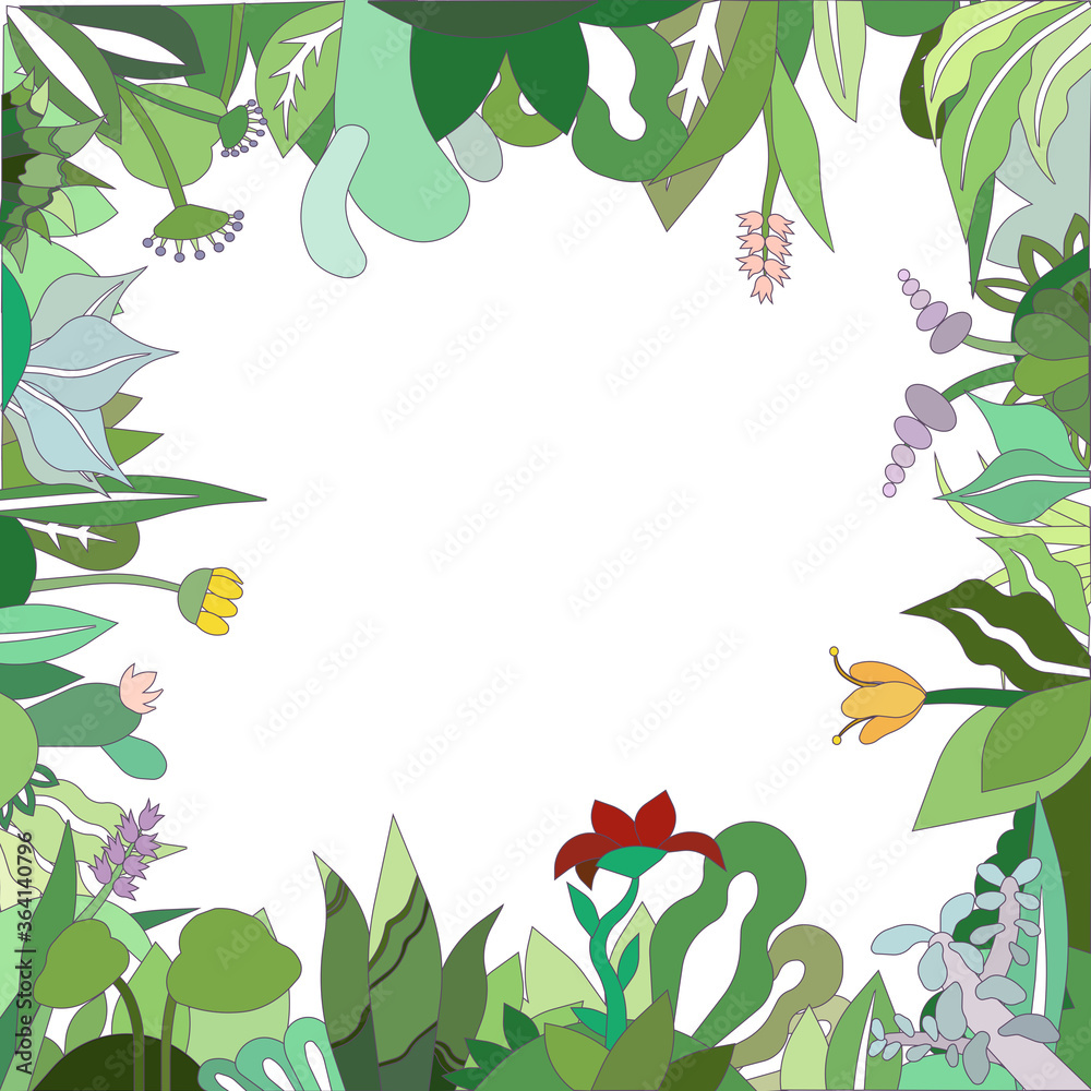 Square frame of different flowers and herbs on white isolated background, vector illustration with copyspace for graphic design, prints, using as a backdrop for websites, concept of Summer, Nature. Square frame of different flowers and herbs on white isolated background, vector illustration with copyspace for graphic design, prints, using as a backdrop for websites, concept of Summer, Nature.