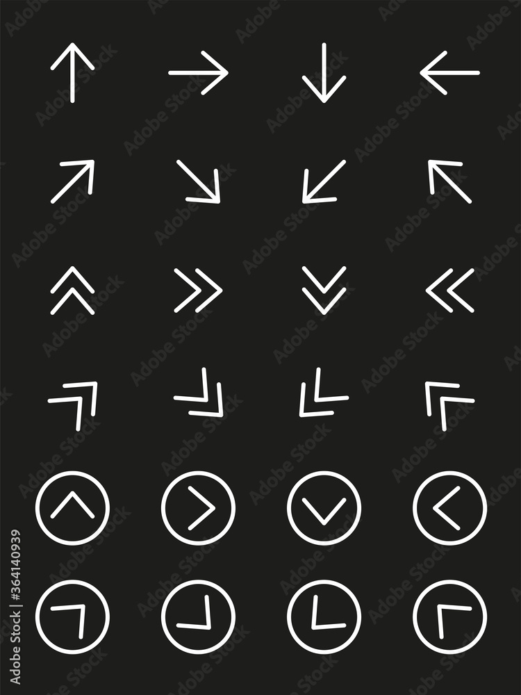 Set of white arrow on black background, Arrows vector icon, Line Arrow icon set. Set of white arrow on black background, Arrows vector icon, Line Arrow icon set.