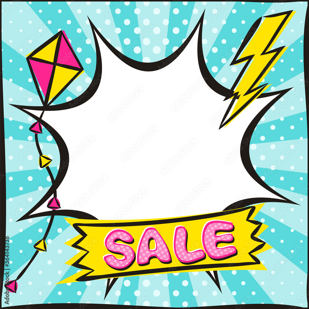 Bright banner for discounts or sales in the style of popart. Explosion on a bright blue background. Template for web design, banners, coupons, applications and posters. Vector illustration.
