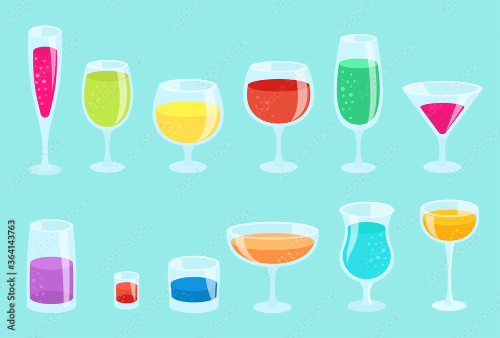 Set of glasses with drinks. Beverage glassware kit. Cocktail glasses. Horizontal banner. On a blue background. Set of glasses with drinks. Beverage glassware kit. Cocktail glasses. Horizontal banner. On a blue background.