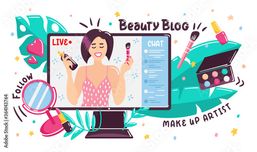 Cartoon beauty blogger broadcasting online from computer screen. Vlogger making cosmetic product review on web, vector illustration in flat style