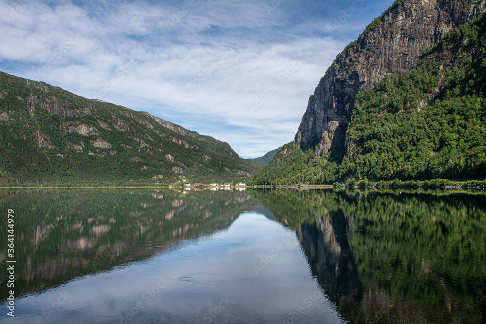 Near perfect symmetrical reflection of a mountain in a lake in Norway