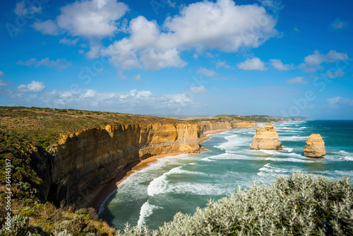 The Twelve Apostles is a collection of limestone stacks off the shore of Port Campbell National Park  by the Great Ocean Road in Victoria  Australia.