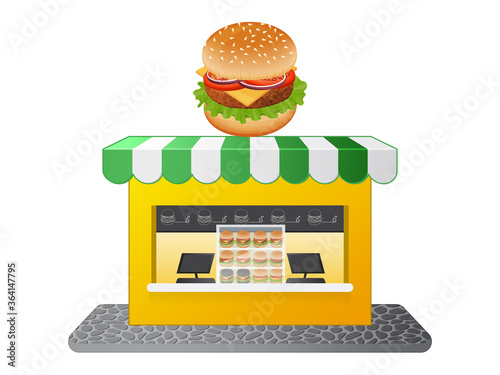 Burger shop. Cute store on a white background. Isolated object on a white background. Cartoon style. Object for packaging, advertisements. Vector illustration.