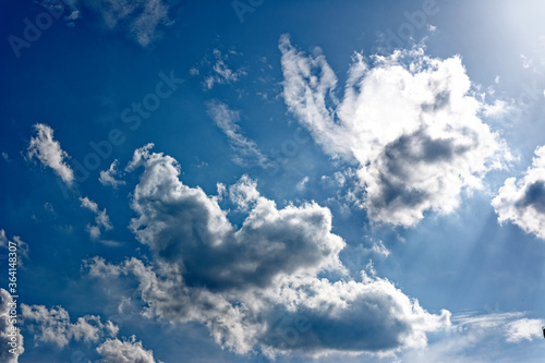 Blue sky with clouds and sun.